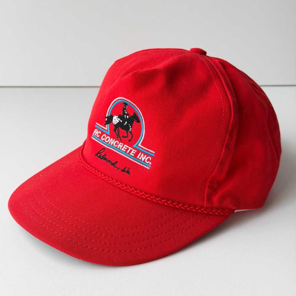 Vintage 80s Trucker Hat Red RC Concrete Embroidered Horse Logo Strapback USA